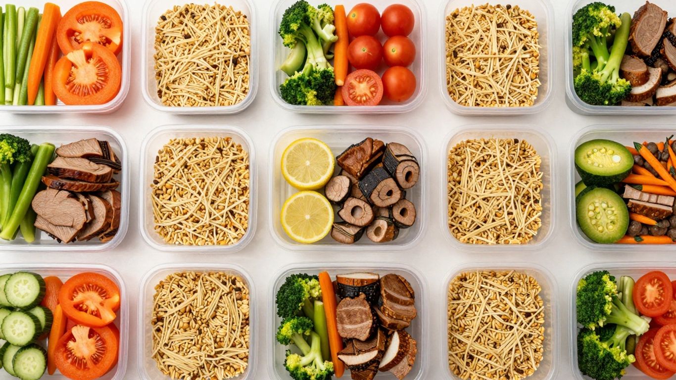 Vorbereitete Mahlzeiten in Behältern, bereit für die Woche.