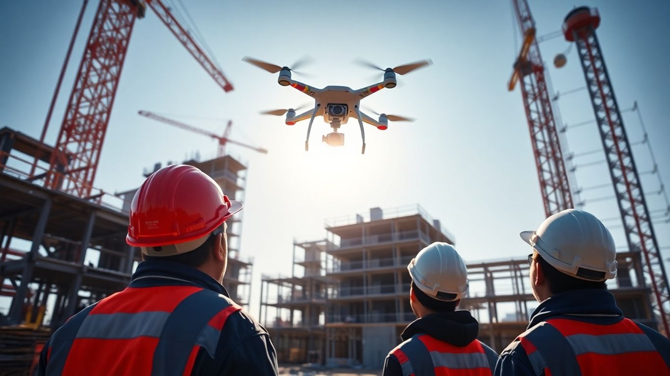 Drone flying over construction site with workers.