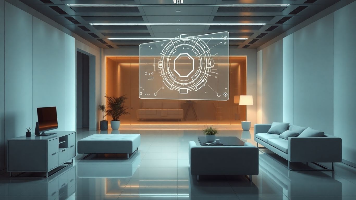 Futuristic office with AI interface hologram.
