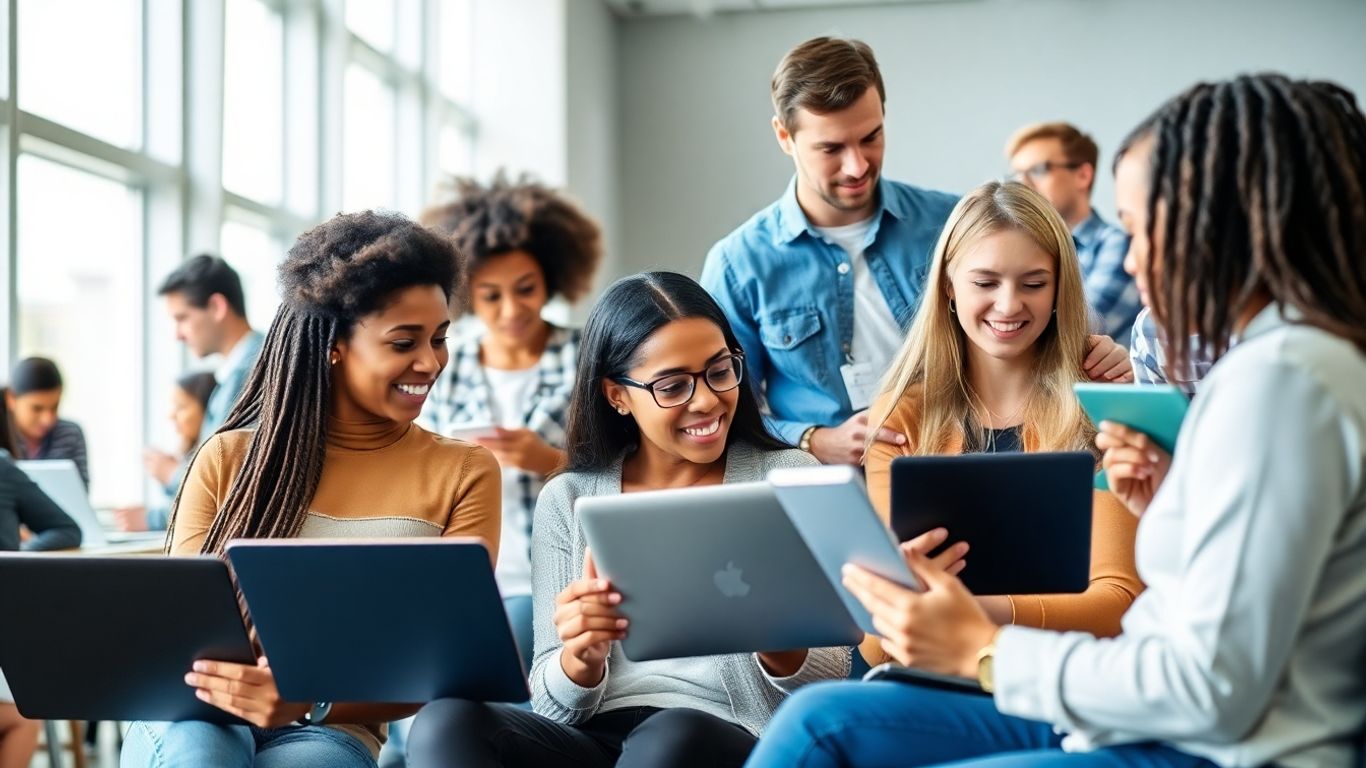 Personas aprendiendo en entornos virtuales y presenciales.