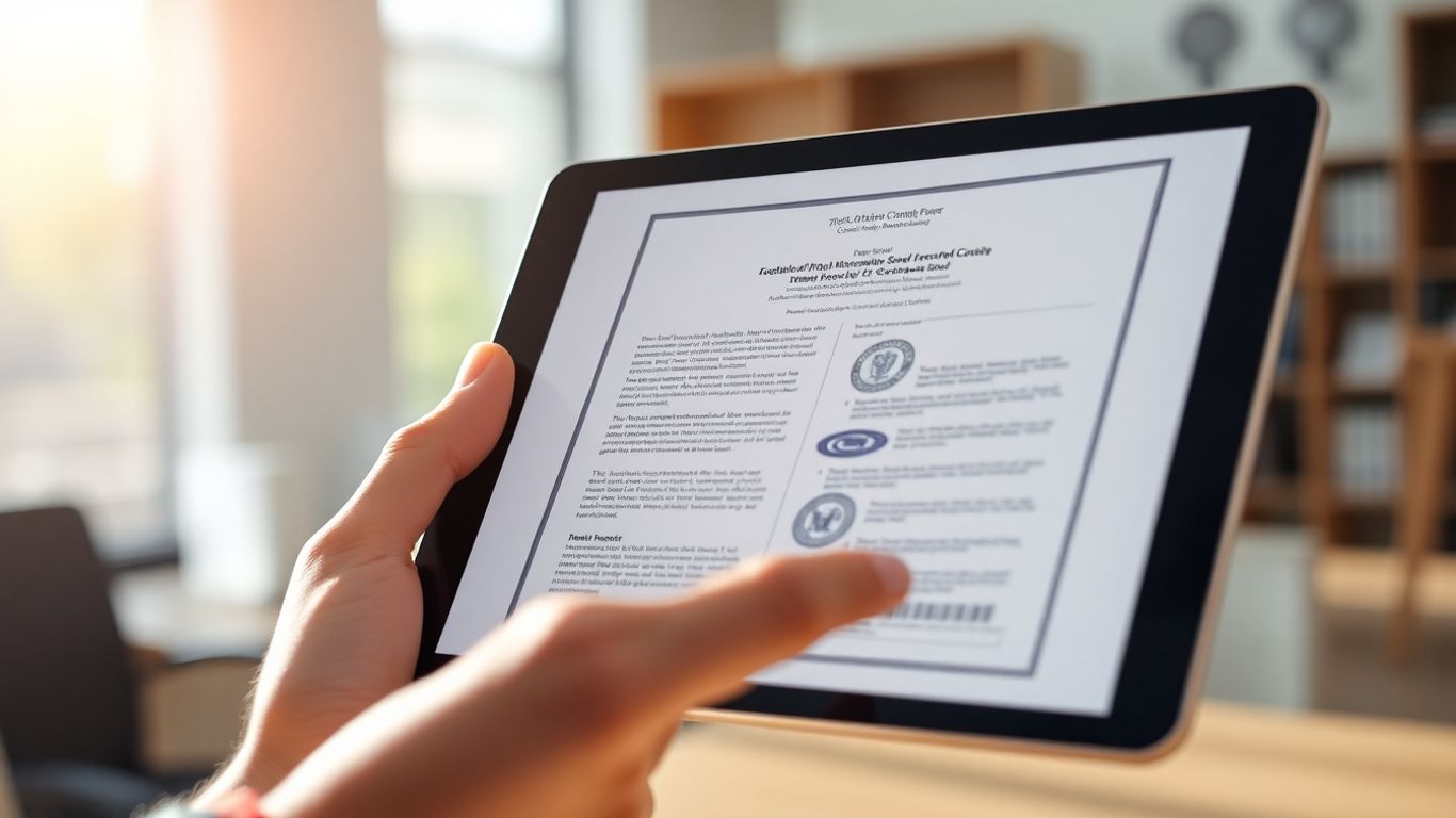 Mão segurando tablet com declaração oficial