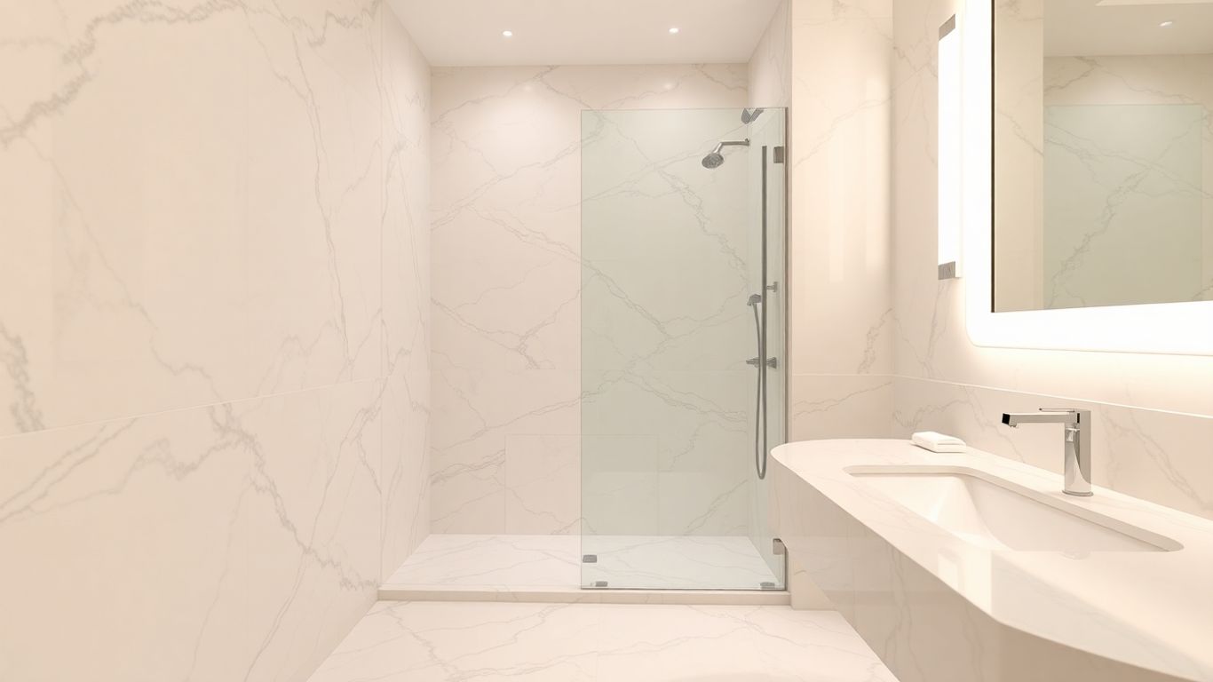 Elegant marble hotel bathroom shower with polished stone.
