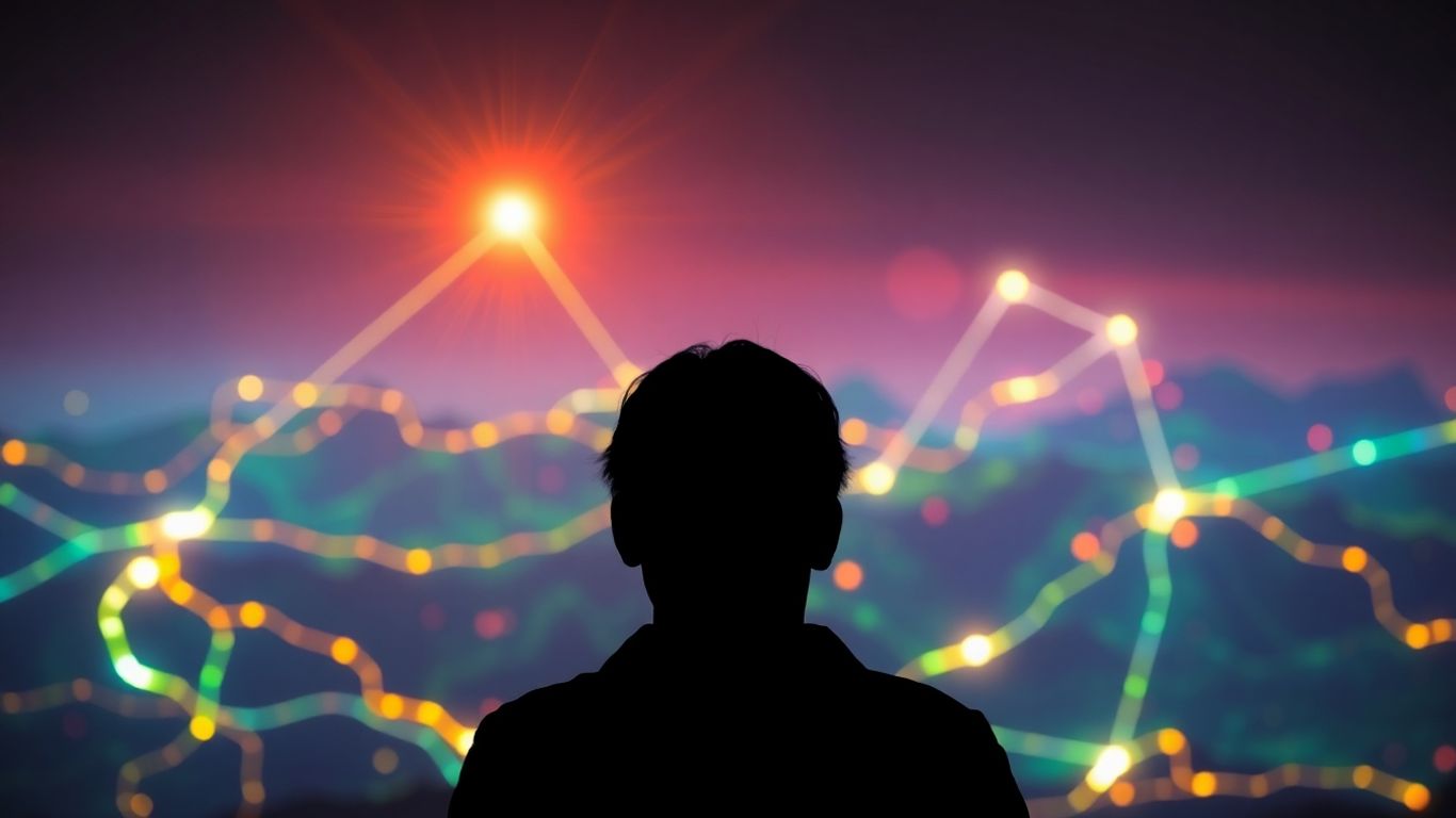 Digital landscape with connecting lines, person looking on.