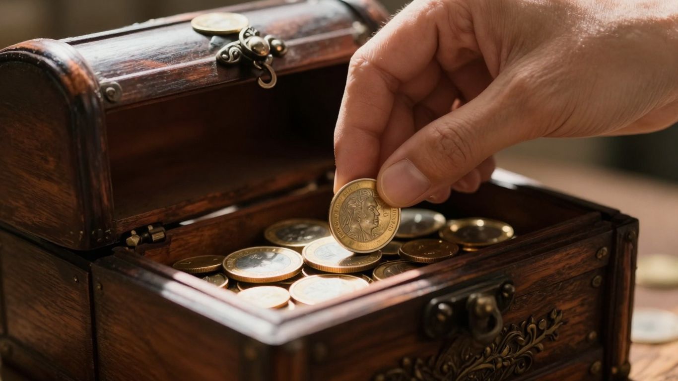 一隻手將一枚金幣放入箱子中。