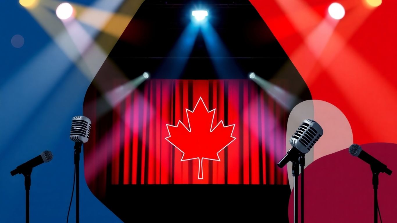 Comedy club stages with spotlights and maple leaf patterns.