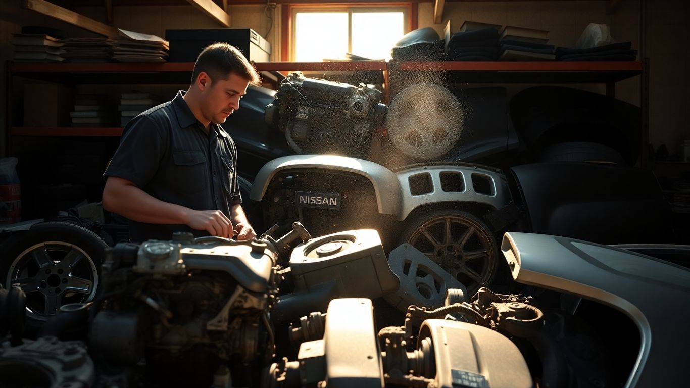 Nissan car parts in a salvage yard.