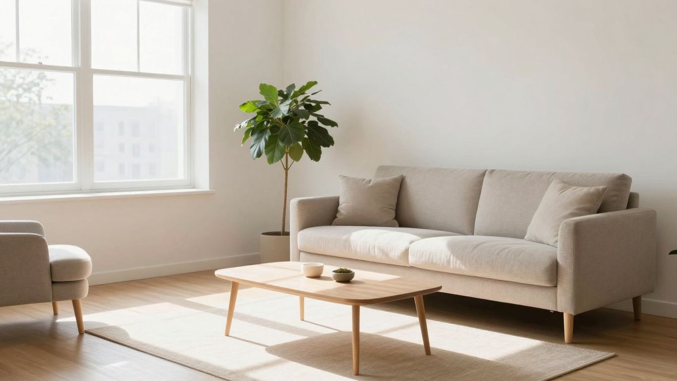 Minimalistisches Wohnzimmer mit wenigen Möbeln und Dekoration.