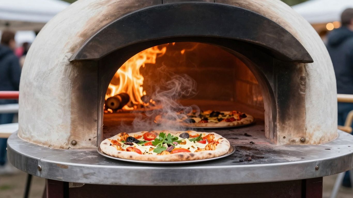 Mobile wood fired pizza oven cooking pizzas outdoors.