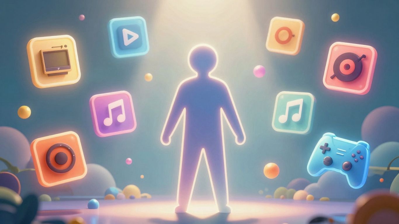 Diverse entertainment icons surrounding a person in a game-like setting.