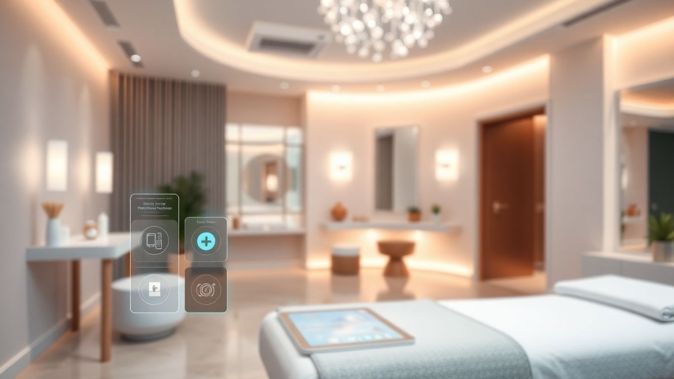Modern medspa with futuristic AI integration for appointments.