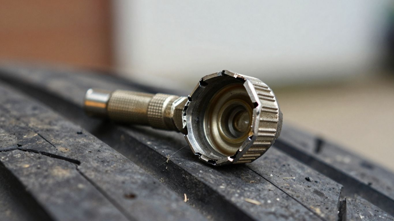 Broken valve stem cap next to tire valve.