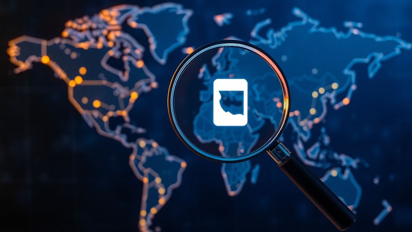 Mapa do mundo com conexões e lupa sobre um ícone de telefone.