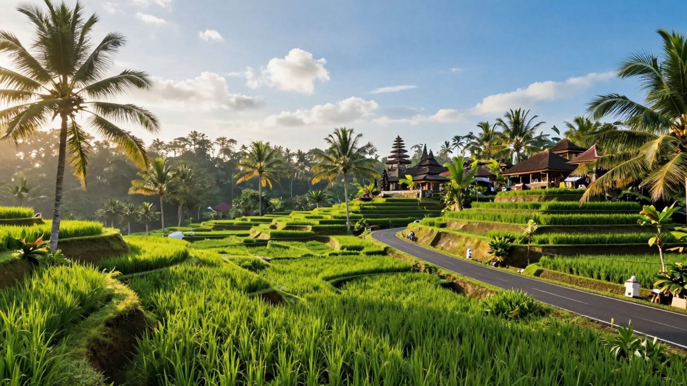Scenic Bali road through rice terraces with palm trees.