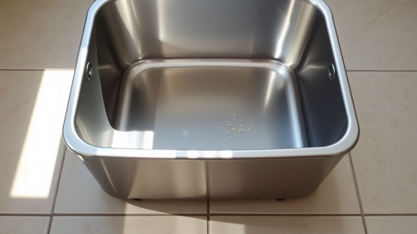 Shiny stainless steel cat litter box on a clean floor.