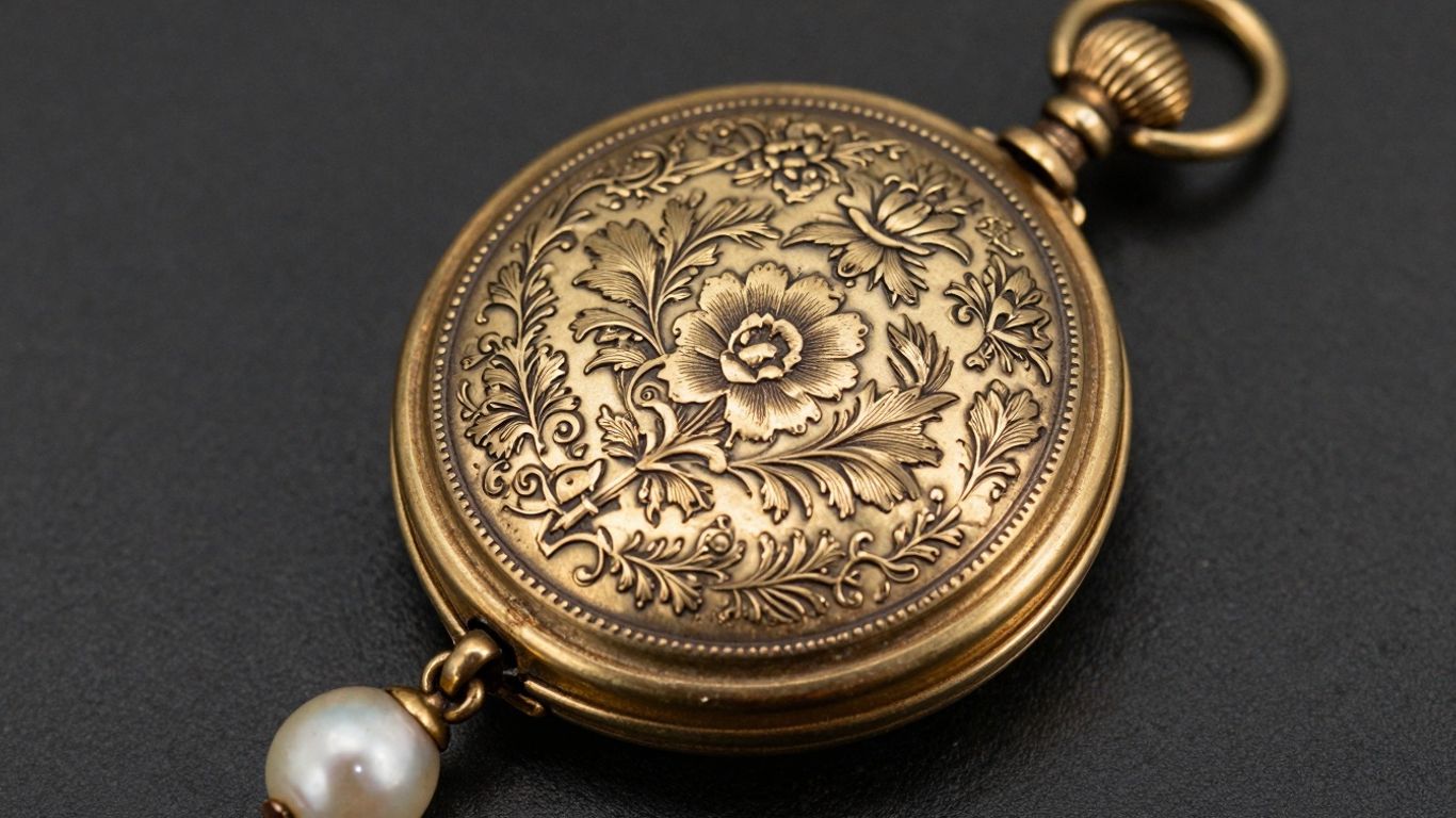 Antique Victorian locket with floral engraving and pearl.