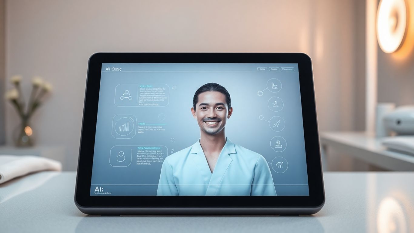 AI receptionist avatar on a tablet screen.