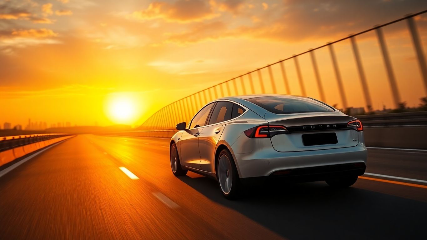 Tesla Model Y driving on a highway in China at sunset.