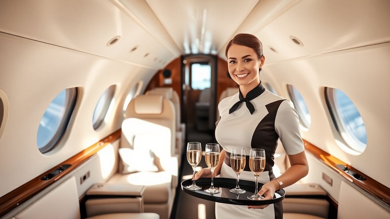 Private jet flight attendant in luxurious cabin.