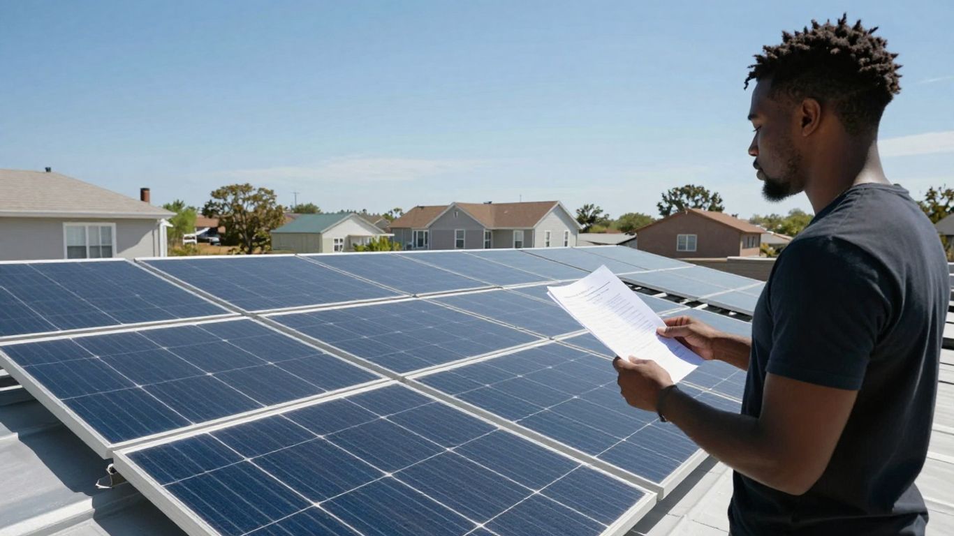 Panneaux solaires sur un toit avec une personne tenant des papiers.