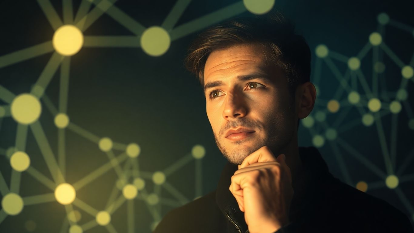 Person looking at a glowing digital network.