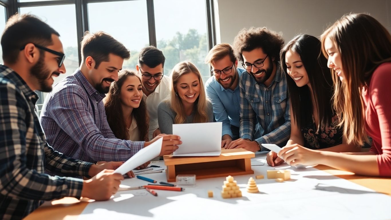 Oameni colaborând la un proiect inovator.