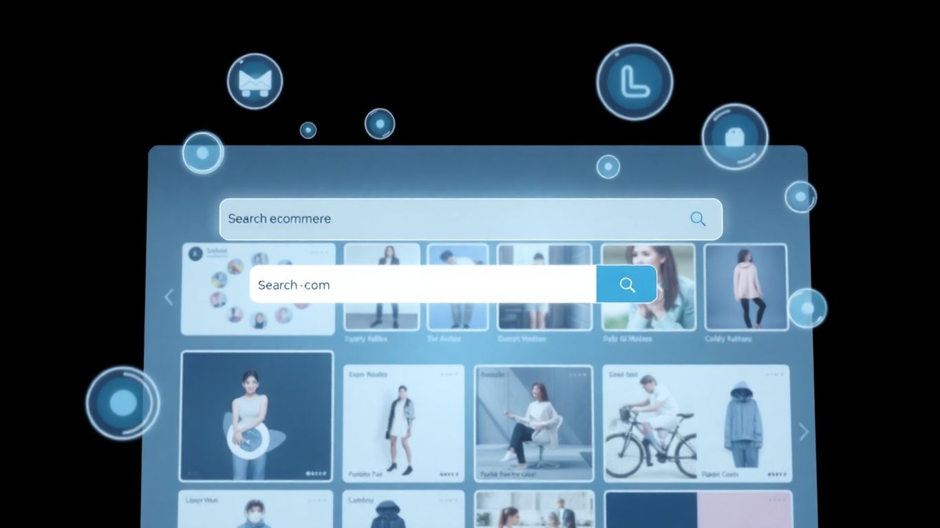 E-commerce website search bar with product images.