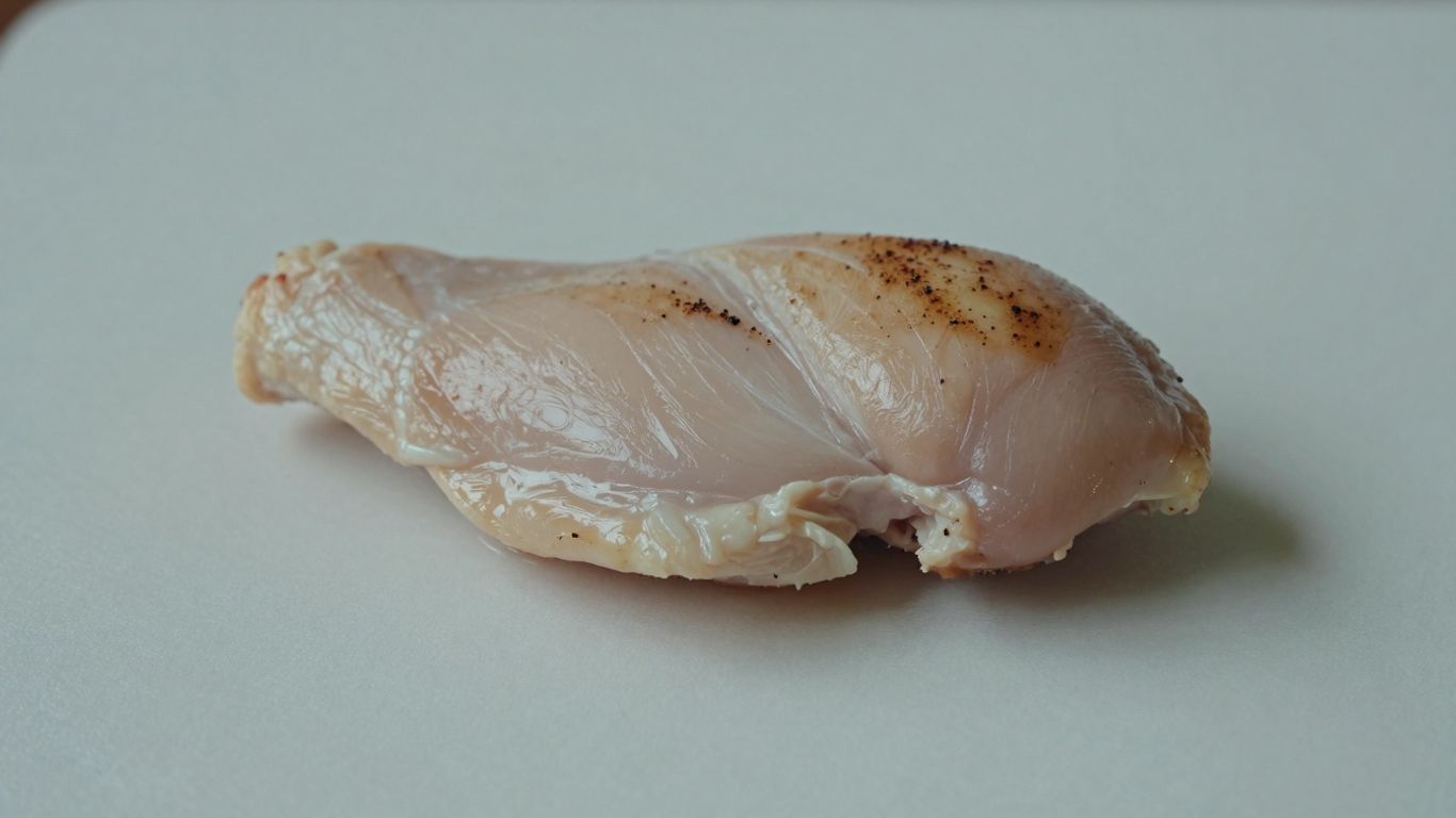 Cooked chicken breast on a white surface.
