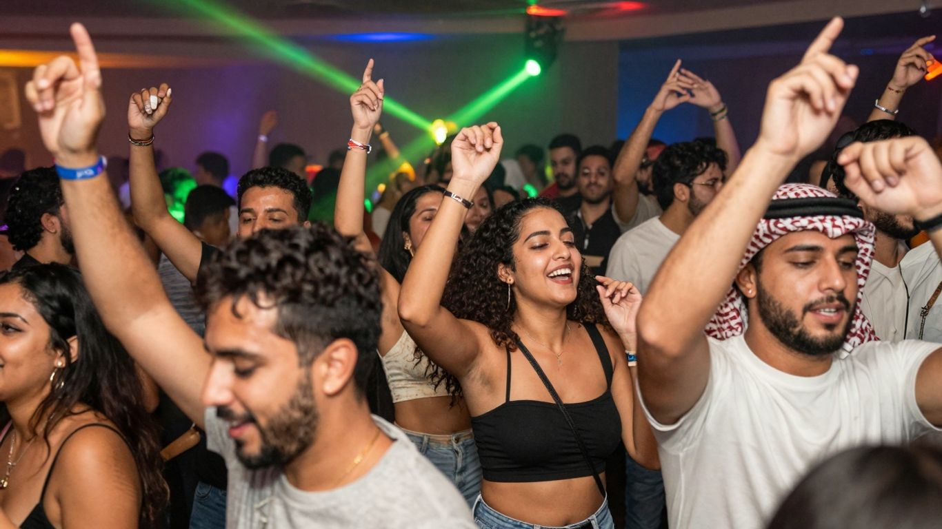 Crowded nightclub with people dancing under colorful lights.