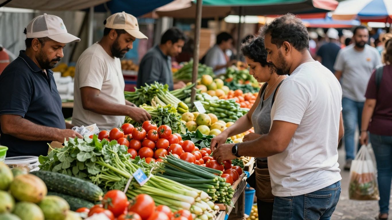 Oameni la o piață locală plină cu fructe și legume proaspete.