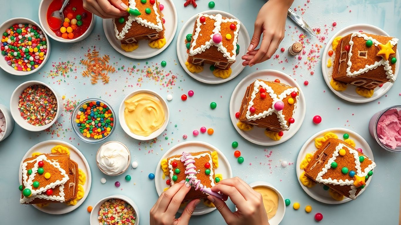 Decorating gingerbread houses with colorful candies and frosting.