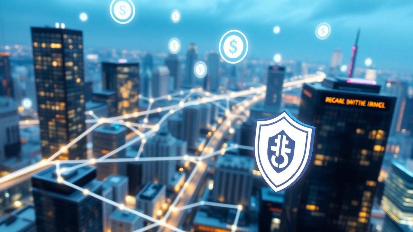 Blockchain network connecting futuristic city with insurance shield.