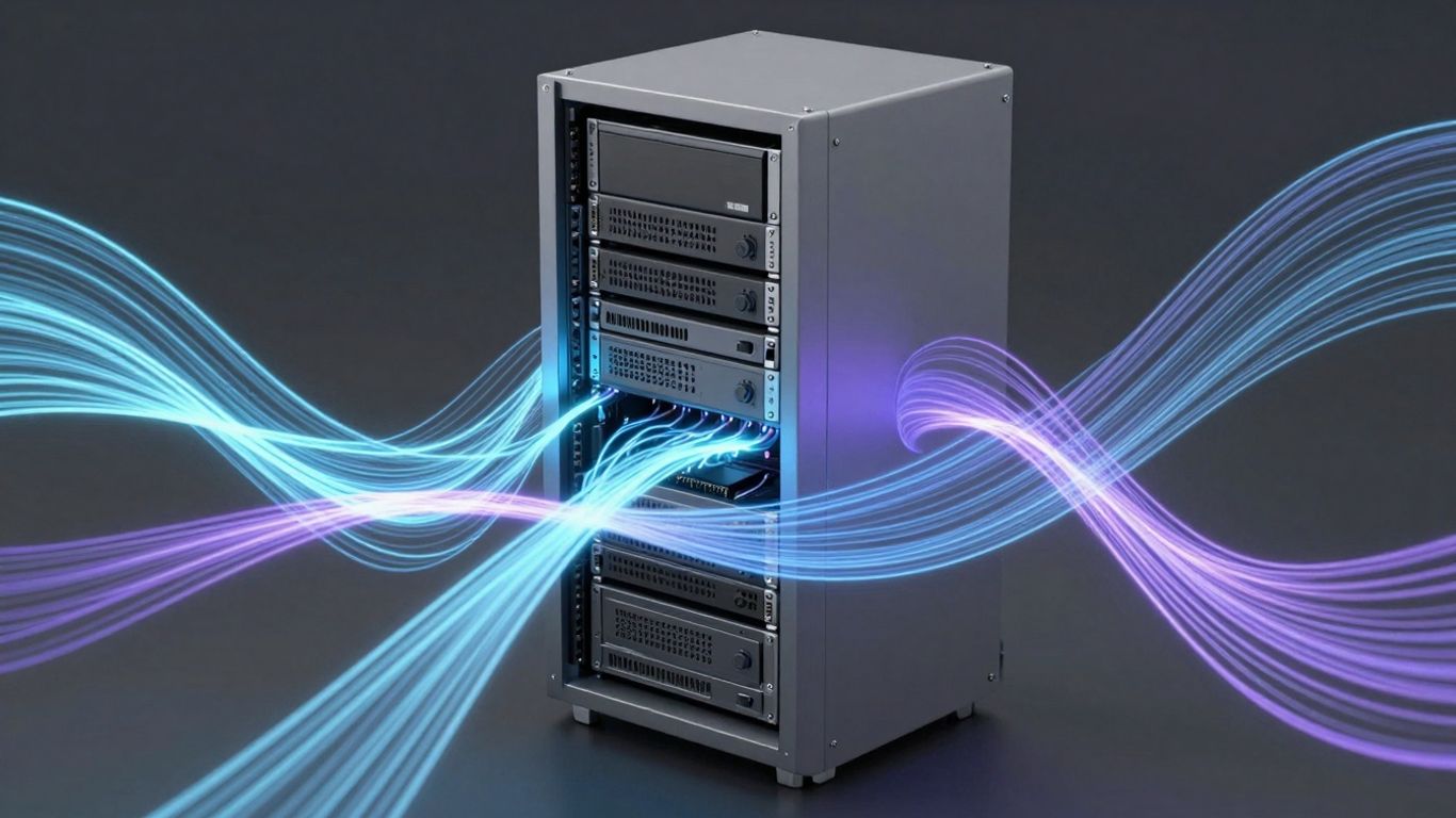 Abstract energy tendrils around a server rack.