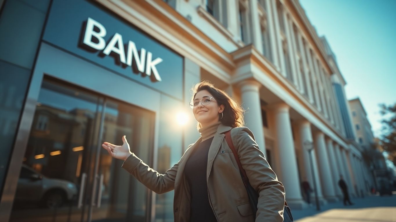 Persona feliz frente a edificio bancario moderno.