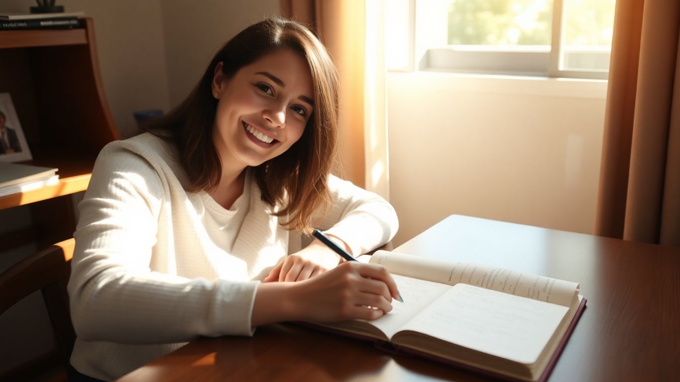 Person writing in a gratitude journal with a smile.