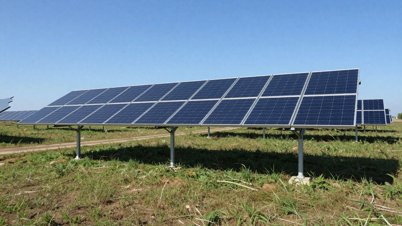 Panneaux solaires au sol dans un champ sous le soleil.