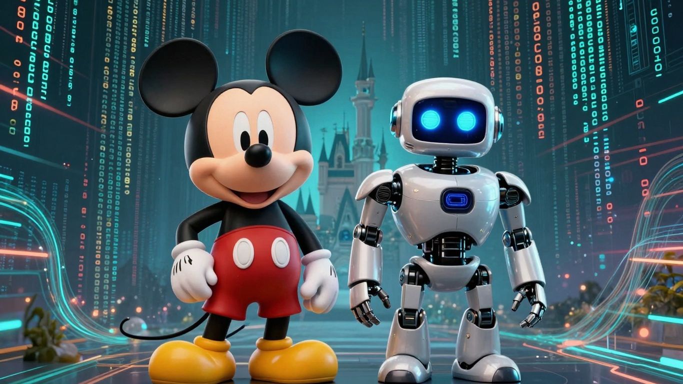 Mickey Mouse and AI robot together.