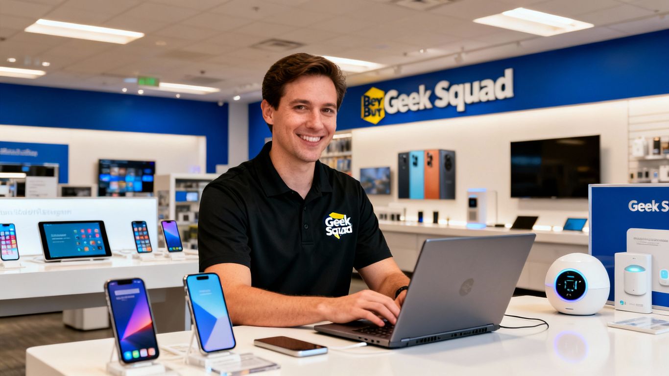 Geek Squad agent fixing a laptop at Best Buy.