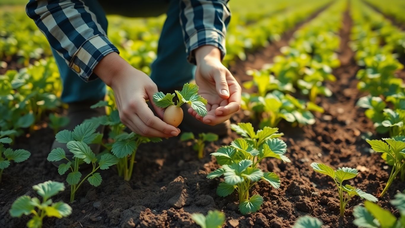 Biologische boer inspecteert aardappelplanten op groene akker.