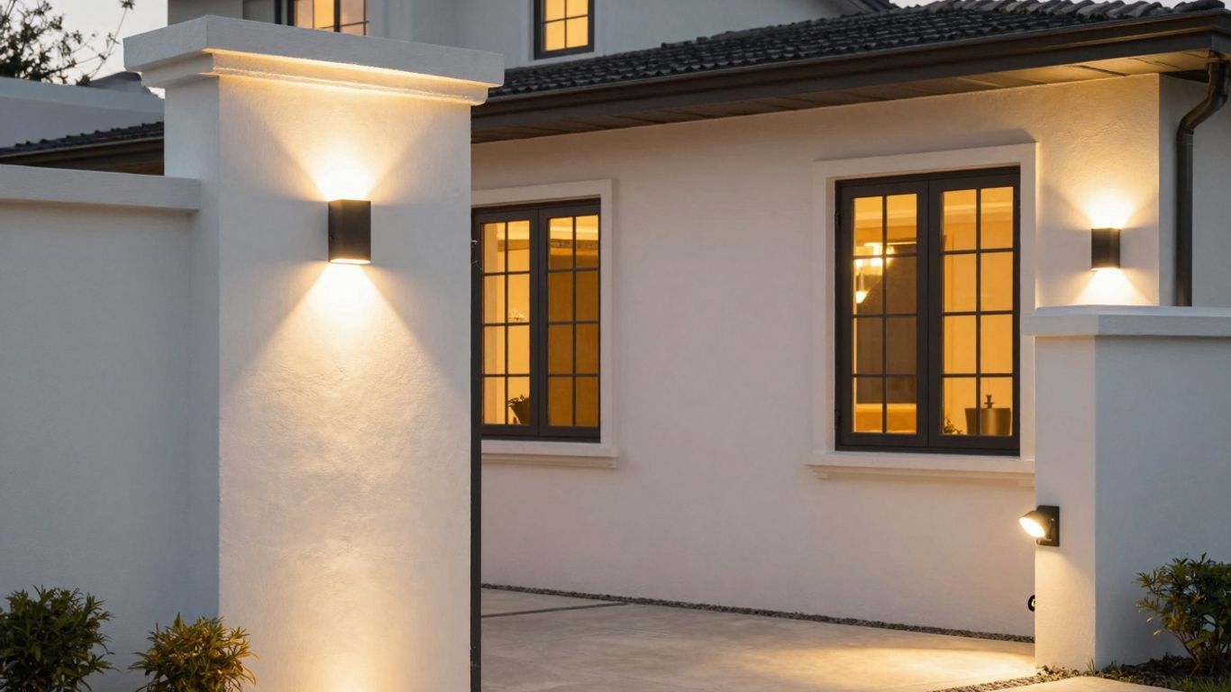Stylish exterior lights illuminating a modern home at dusk.