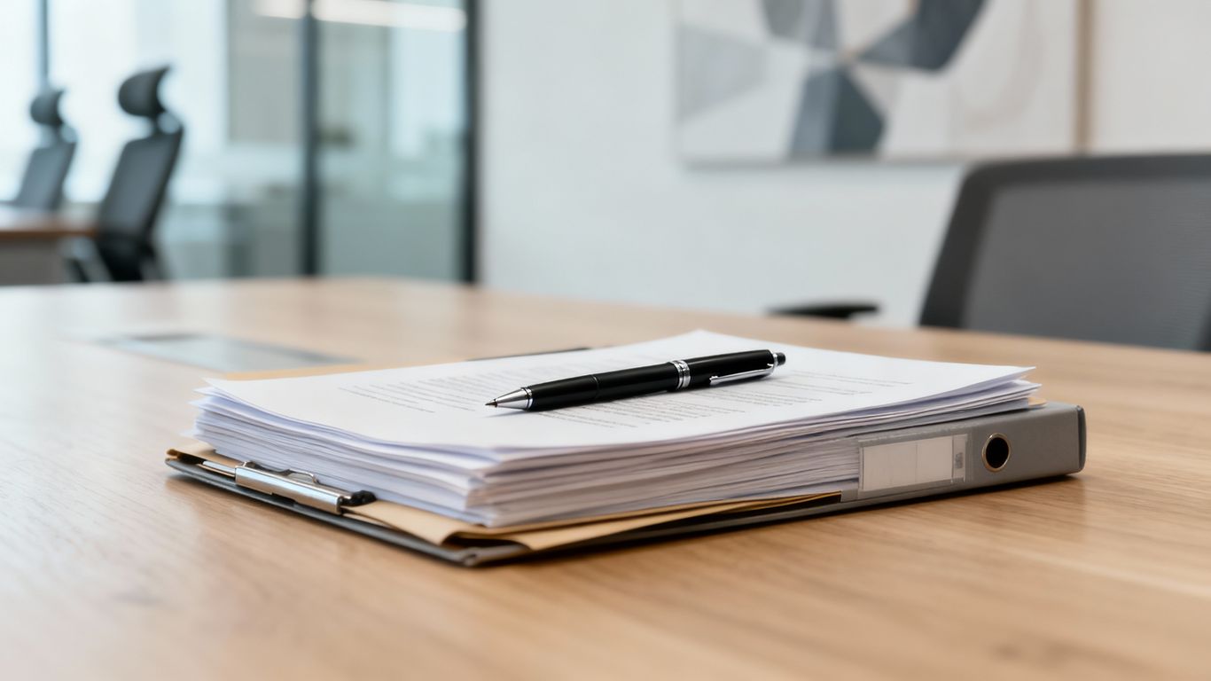Desk with legal documents and pen for will writing.