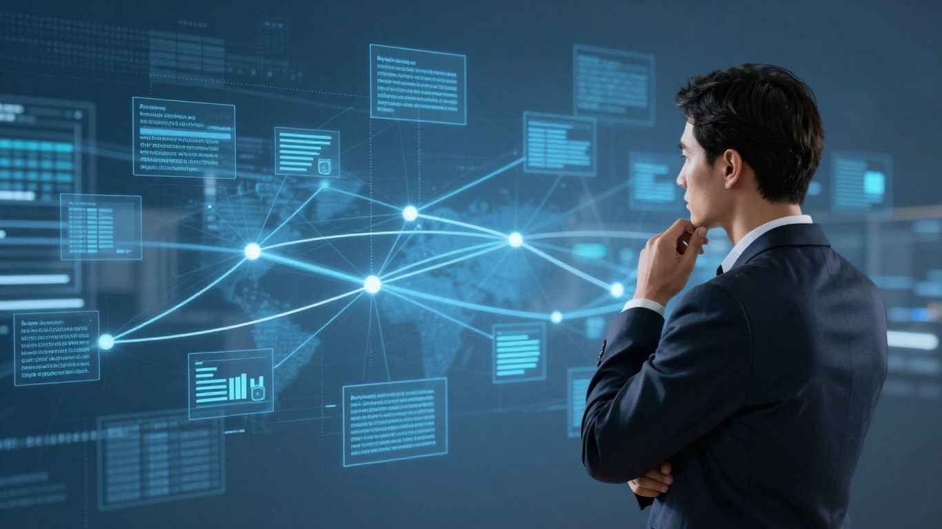 Businessperson navigating complex digital pathways and regulations.