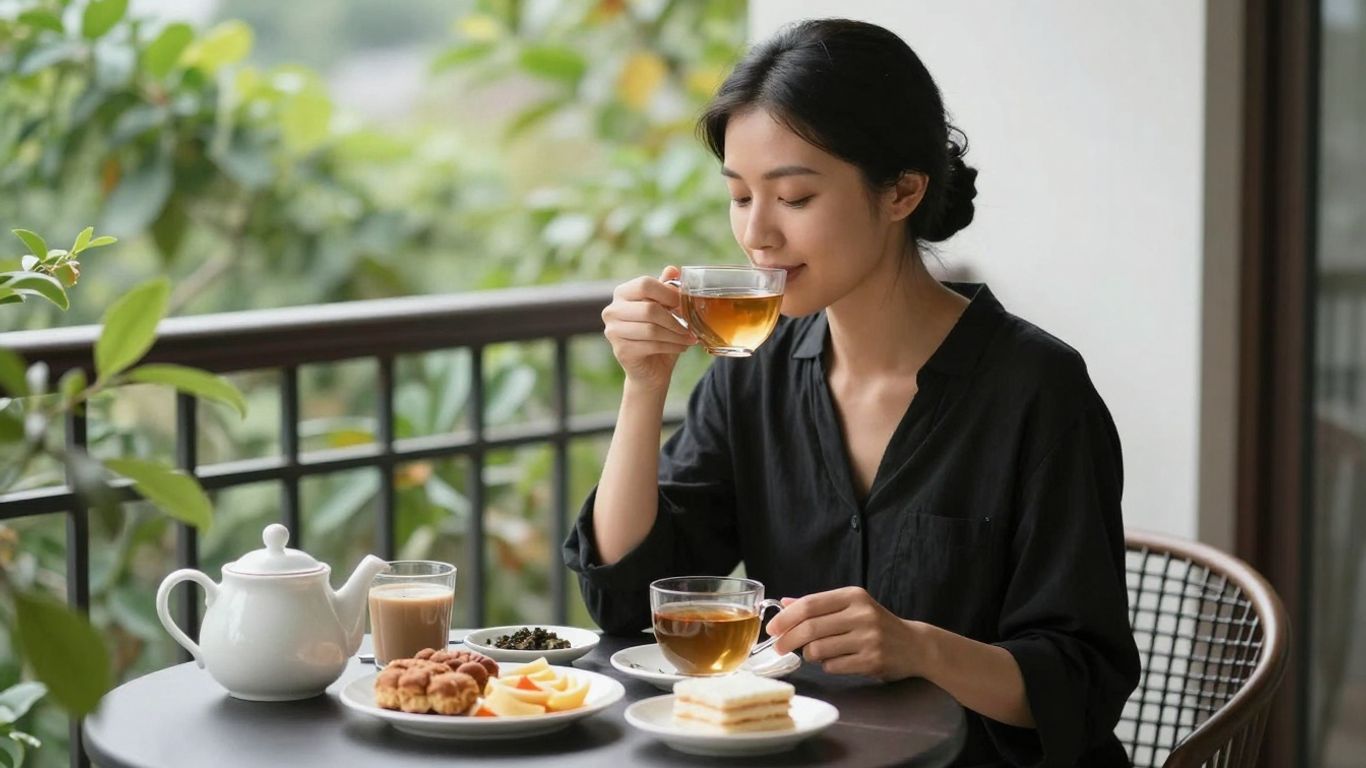 Femeie savurând un mic dejun sănătos pe balcon
