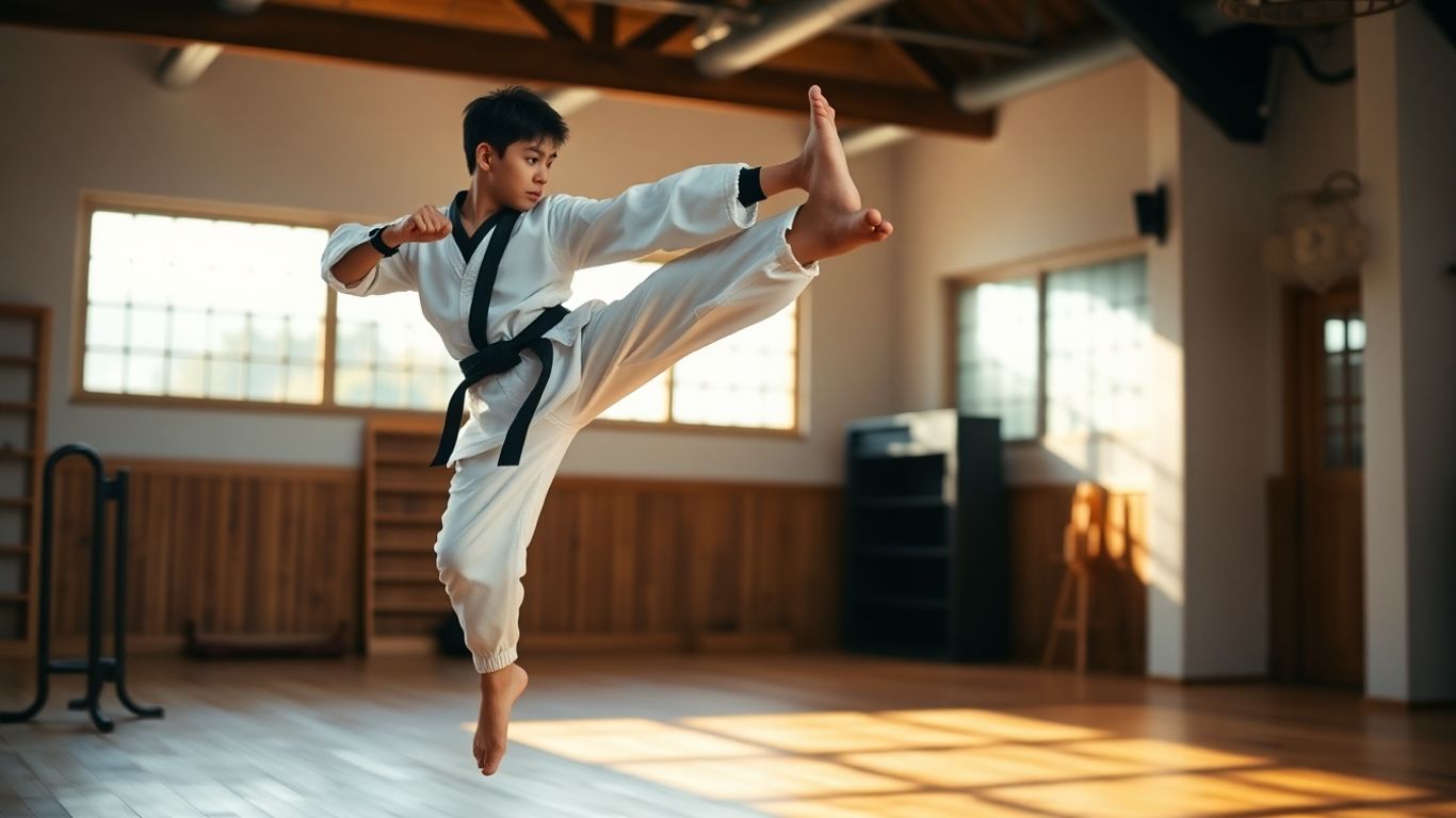Taekwondo student performing a high kick in a dojo.