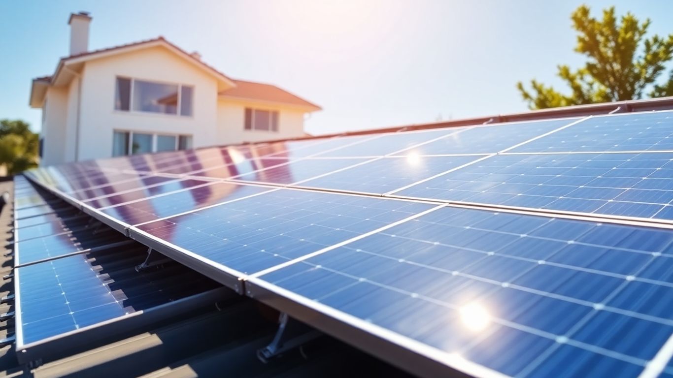 Panneaux solaires sur toit résidentiel sous ciel bleu.
