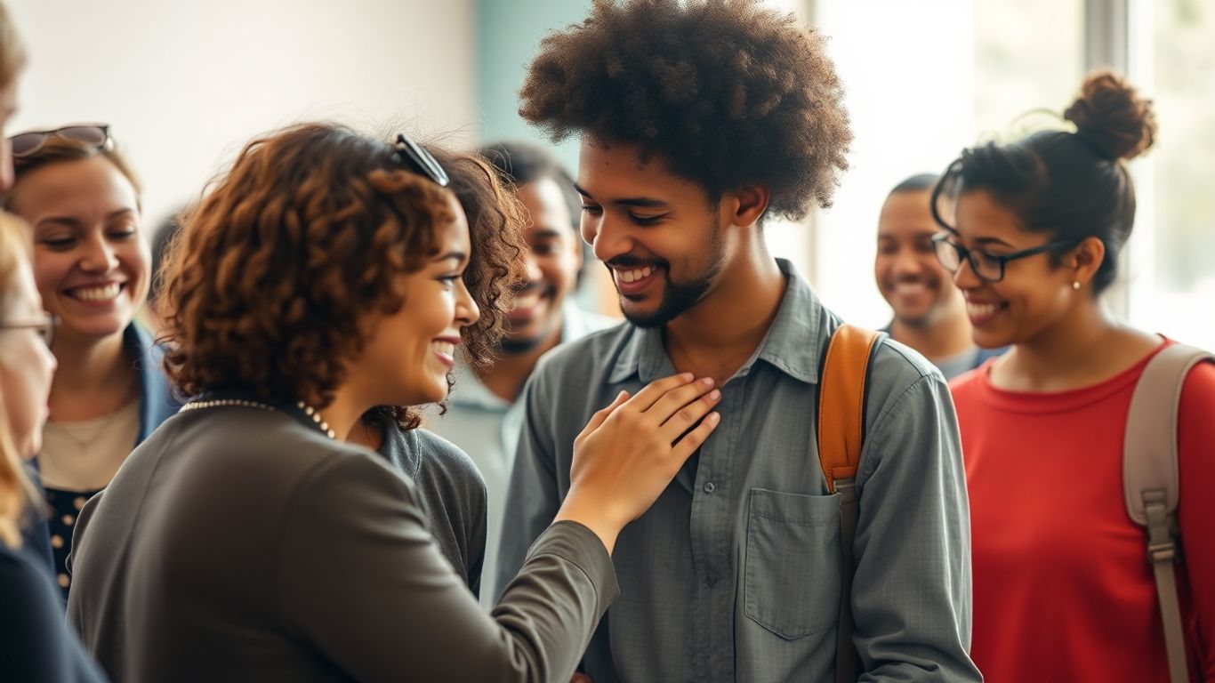People connecting and supporting each other in a warm setting.