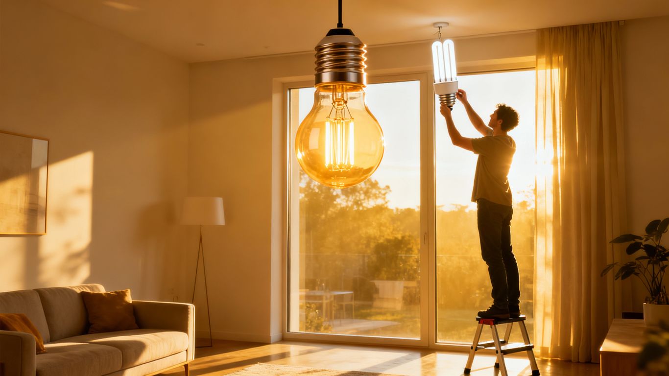 Person upgrading light bulb for energy savings