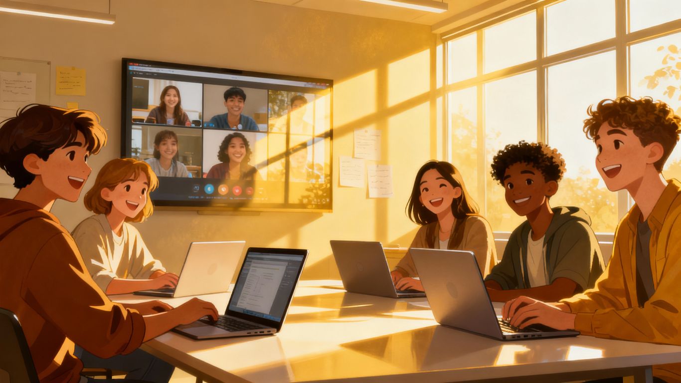 Students engaging in a digital classroom video conference.
