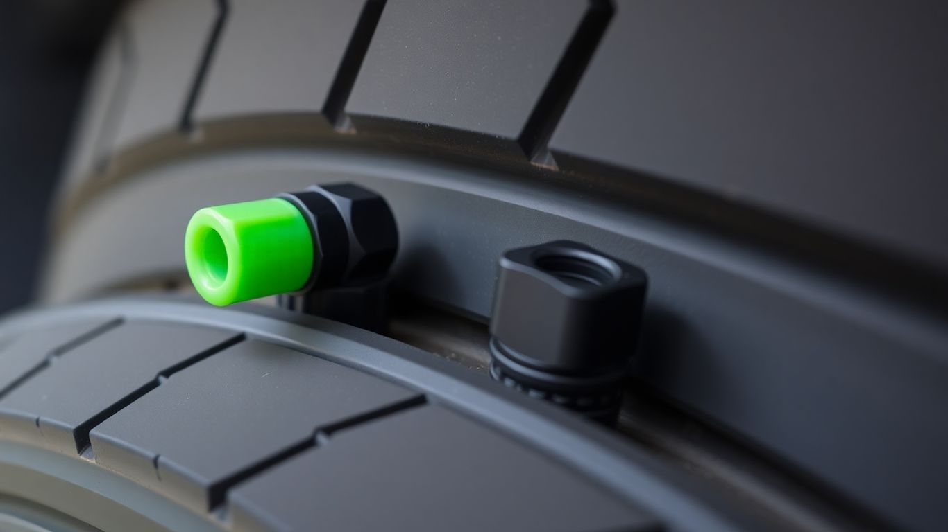 Green and black valve stem caps on a car tire.