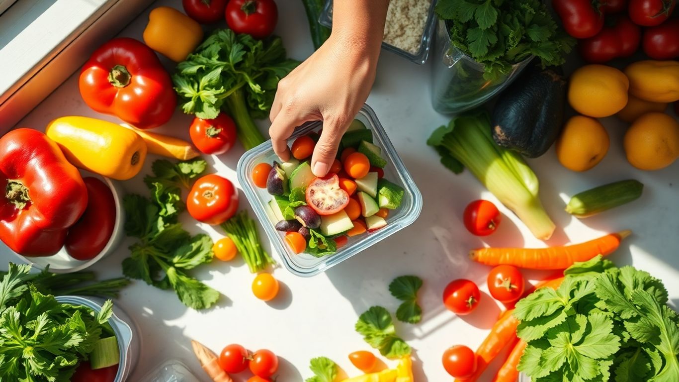 Fresh produce and reusable container on kitchen counter.