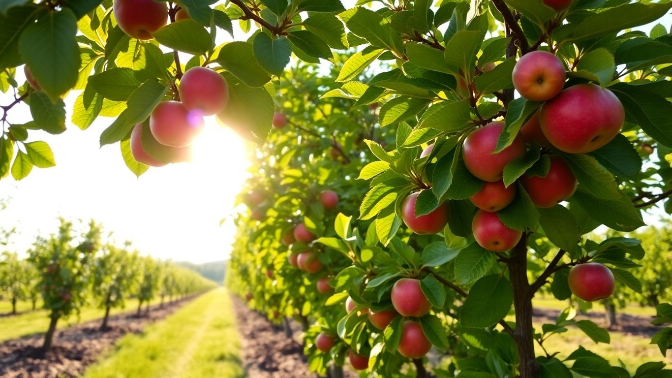 Healthy apple trees with ripe red apples in orchard.